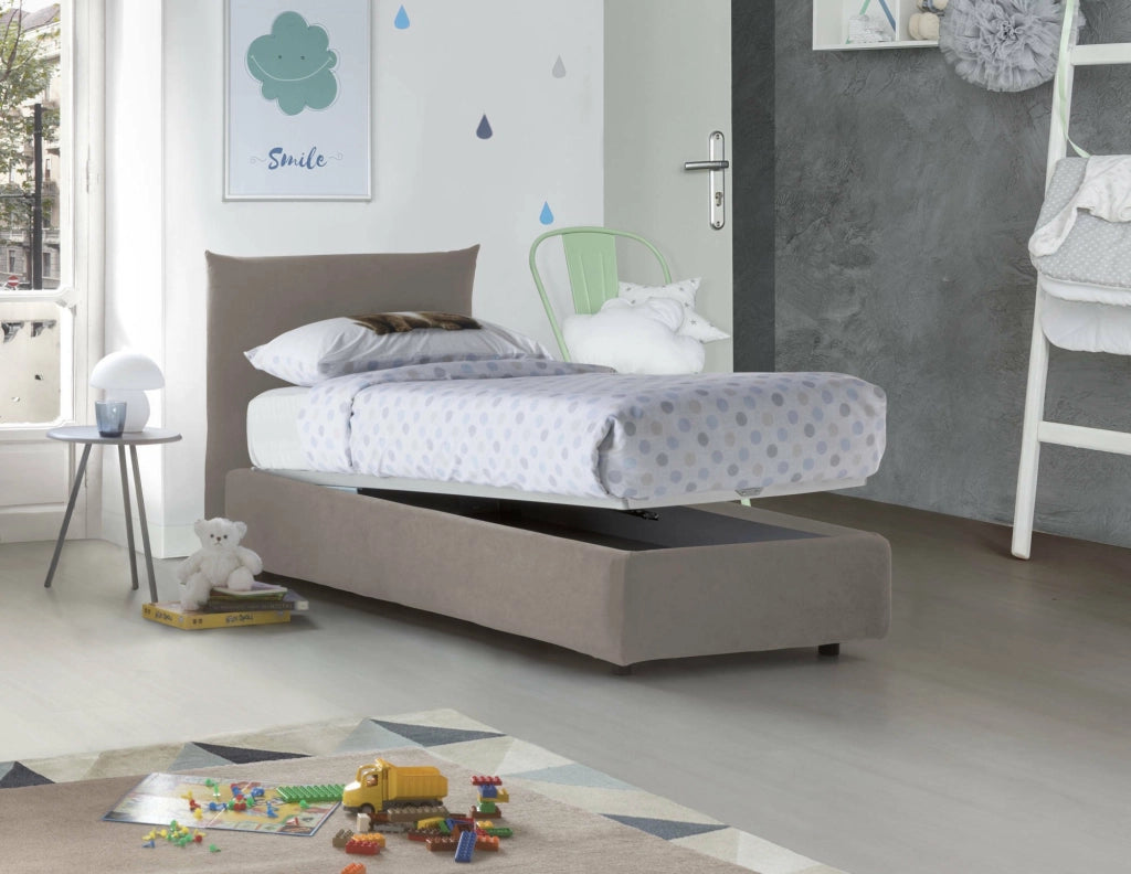Letto singolo Ippolito, Letto contenitore con rivestimento in tessuto, Made in Italy, Apertura frontale, adatto per materasso cm 80x190, Tortora