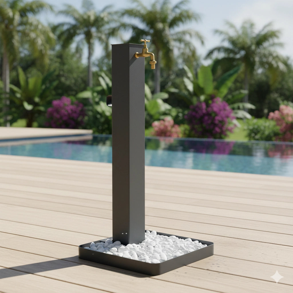 Fontana da Giardino Design a Colonna Quadrata Rubinetto in Ottone e Base con Ciottoli Antracite