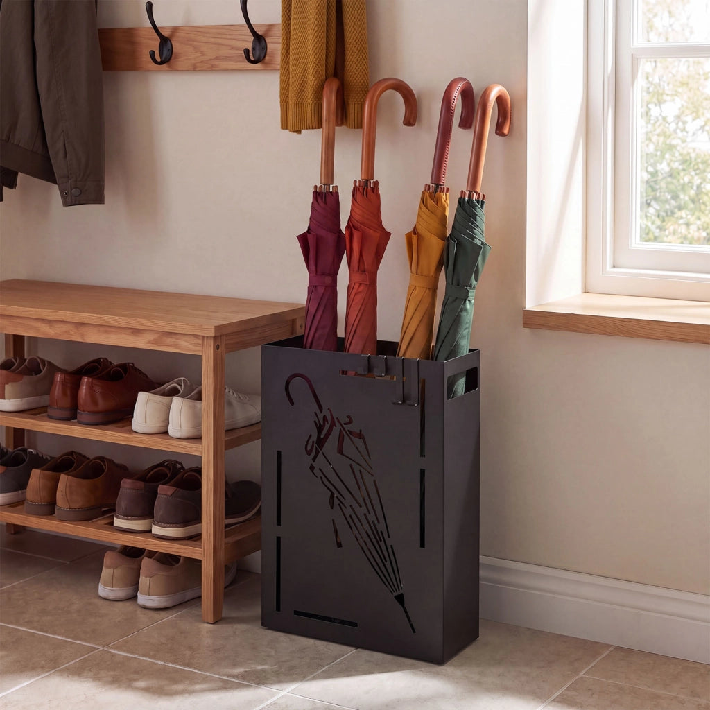Portaombrelli rettangolare stretto in metallo 28 x 12 x 41 cm, Porta ombrelli da ingresso con 4 ganci e vassoio di raccolta rimovibile