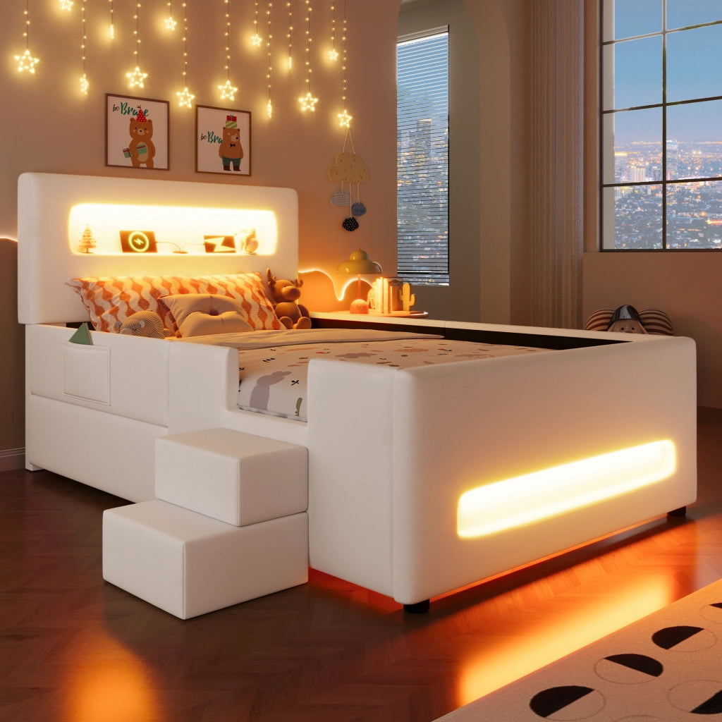 LETTO con cassetto 90x200 cm in PU bianco con LED