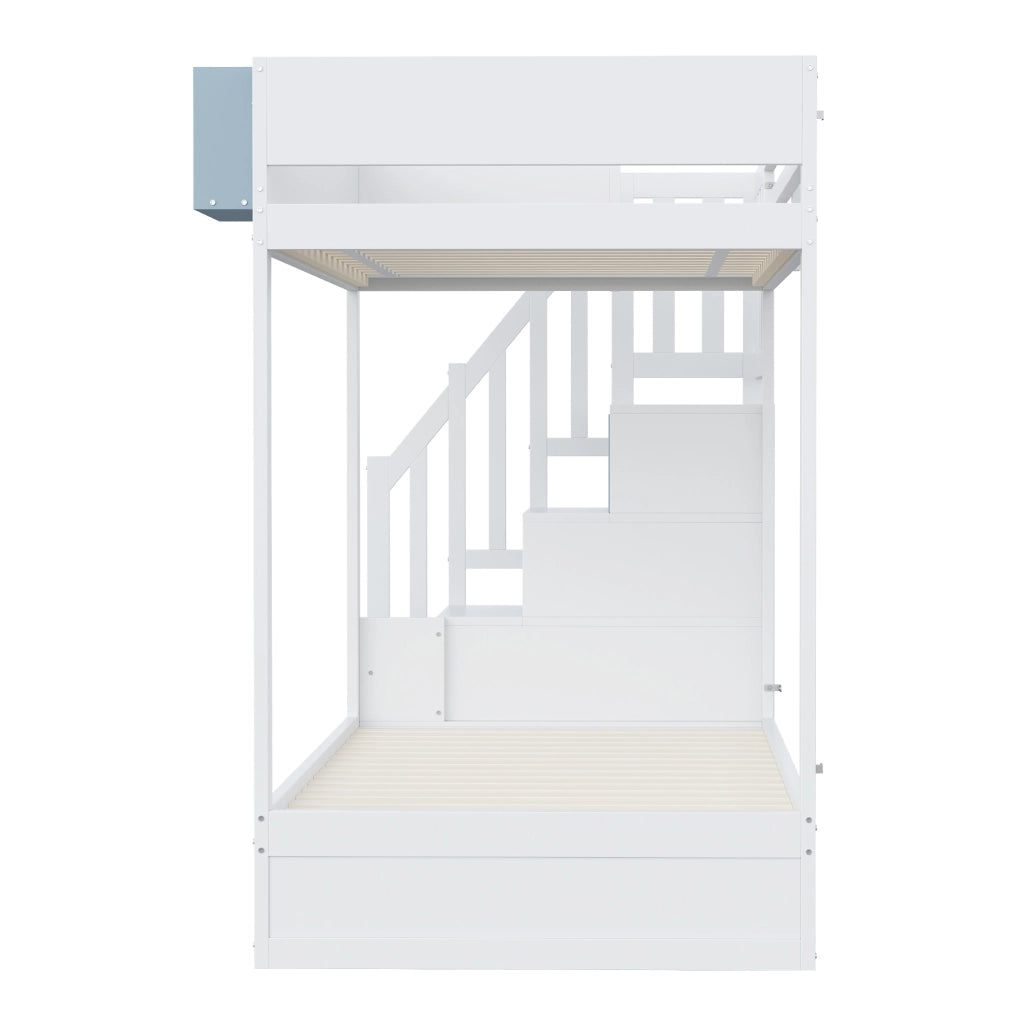 Letto a castello 90x200 cm con cassetti e ripiano rimovibile in pino, compensato e MDF bianco e blu