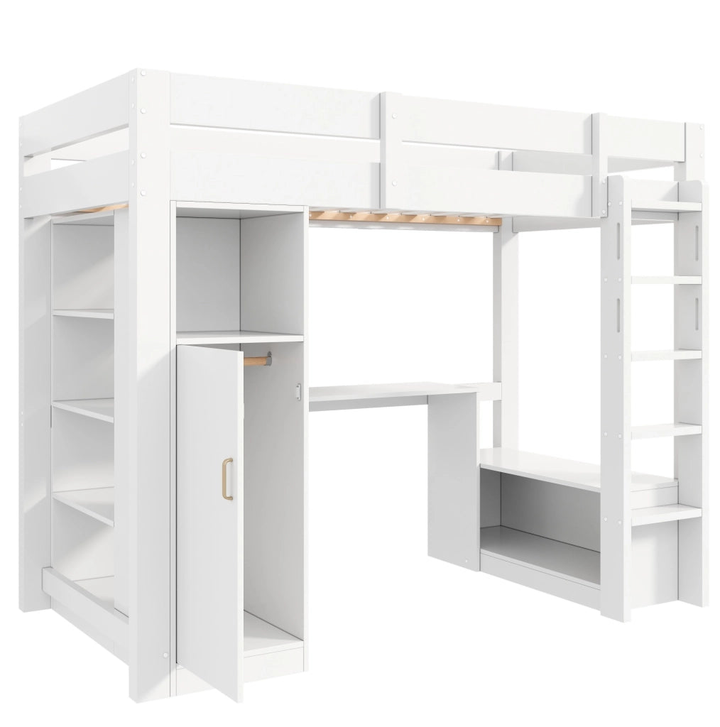 Letto a soppalco 90x200 cm con scrivania; armadio; ripiani e LED; bianco