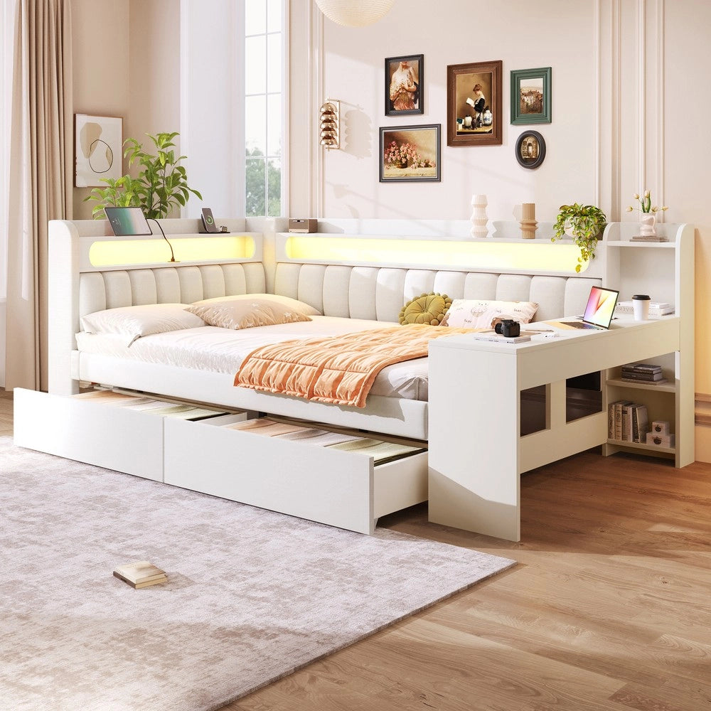 Letto Imbottito con Scrivania e Cassetti, LED e USB ¨C MINIMAL ¨C Bianco 140x200