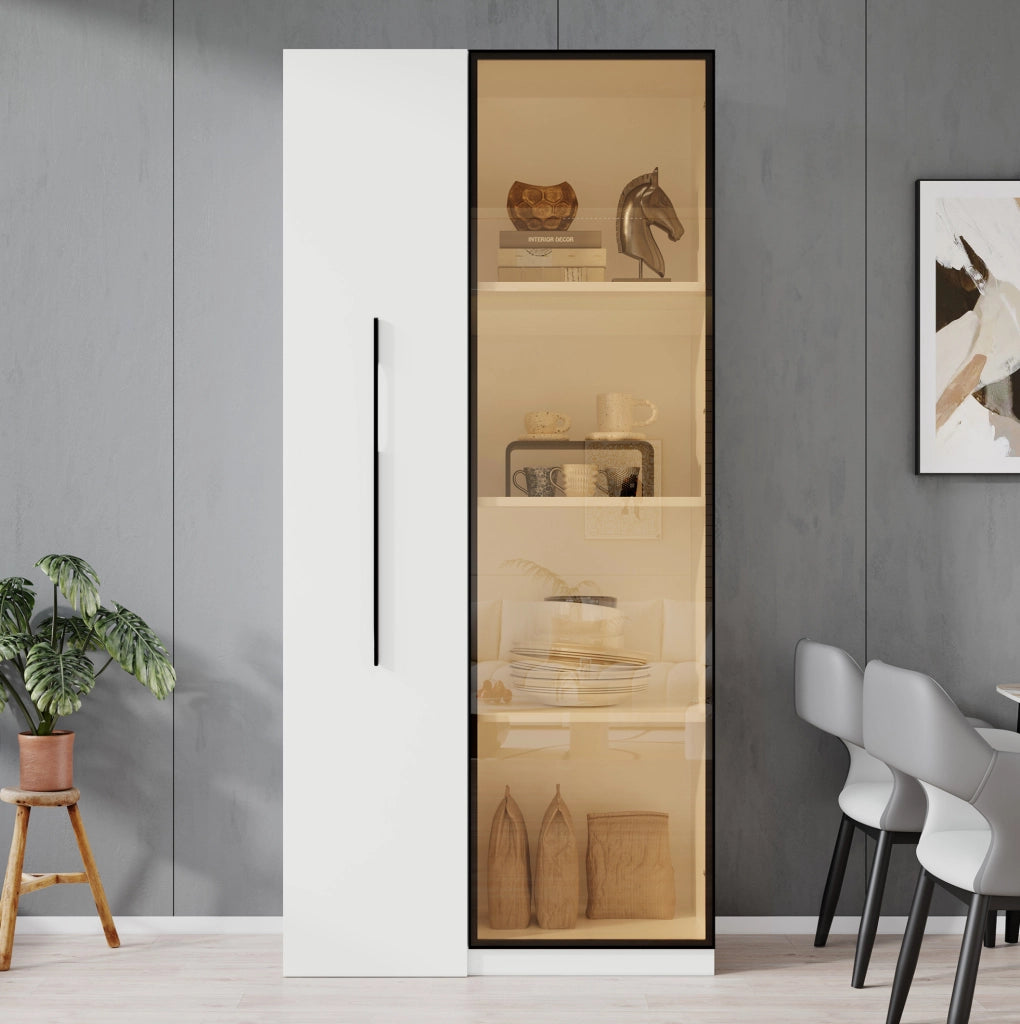 Mobile multifunzione bianco con libreria, vetrina LED e ruote