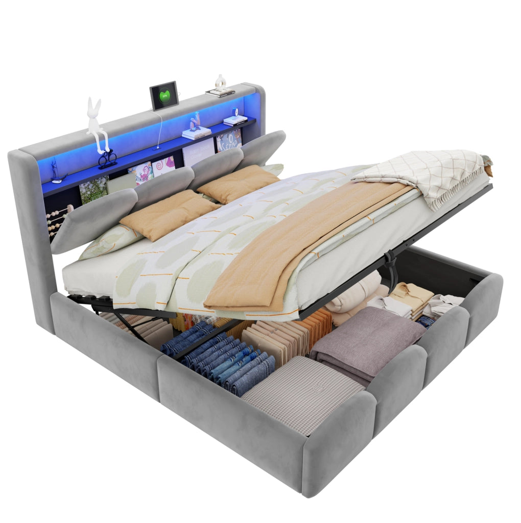 LETTO Imbottito 140x200 cm Velluto Grigio con LED, USB e USB-C