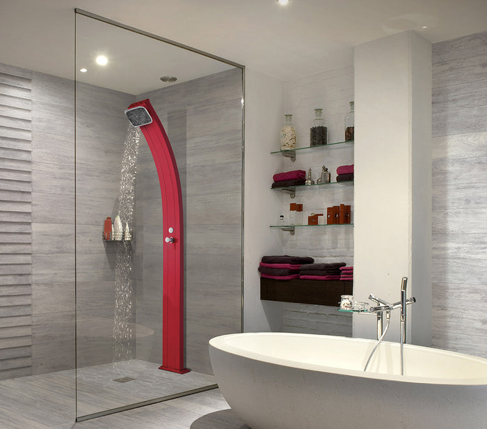 Doccia Solare da Esterno Giardino 30L Miscelatore Arkema Spring Fascia Inox Bianco Crema