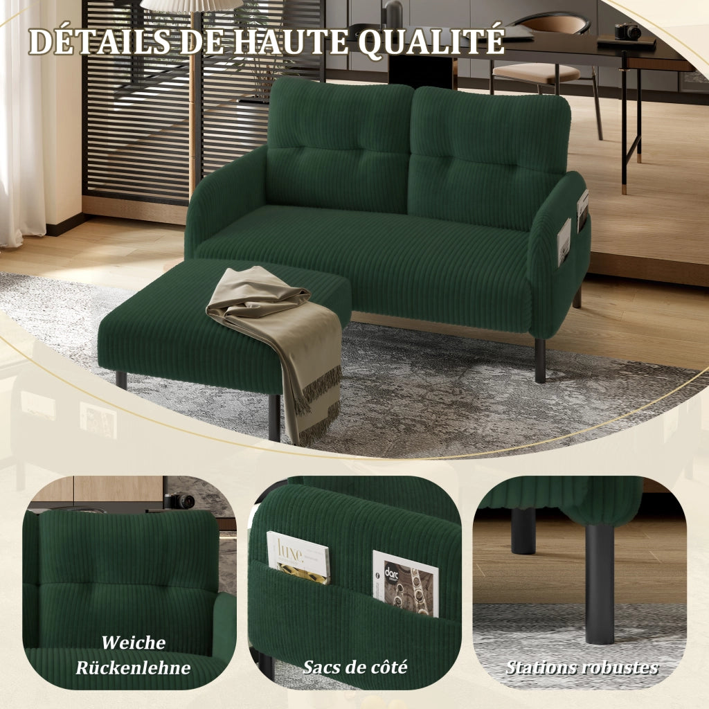DIVANO 2 posti in corduroy verde smeraldo con tasca laterale, 120 x 75 x 79 cm