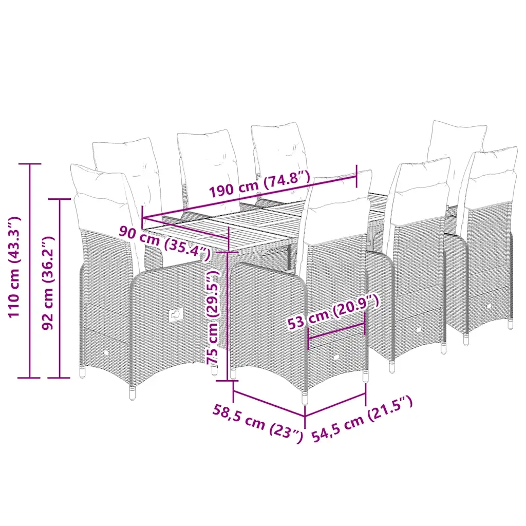 vidaXL Set Bistrò da Giardino 9 pz con Cuscini in Polyrattan Grigio