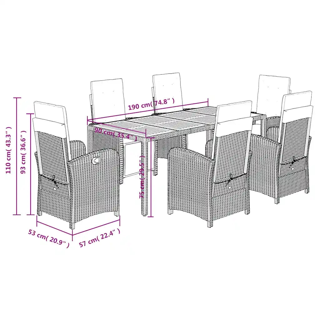 Set da Pranzo da Giardino 7 pz Nero con Cuscini in Polyrattan 3212472
