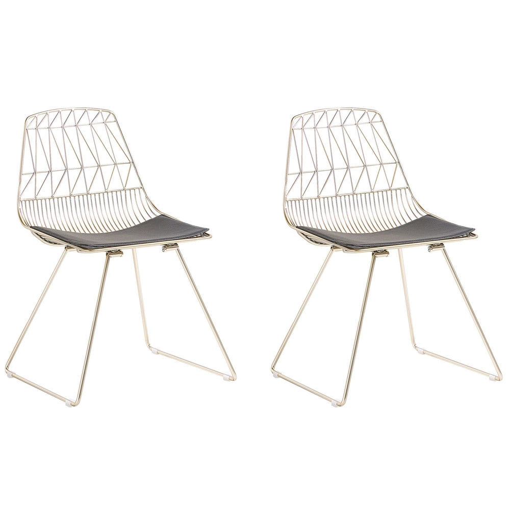 Set di 2 sedie da pranzo Struttura in metallo dorato Seduta in ecopelle nera Schienale geometrico Design moderno e glamour