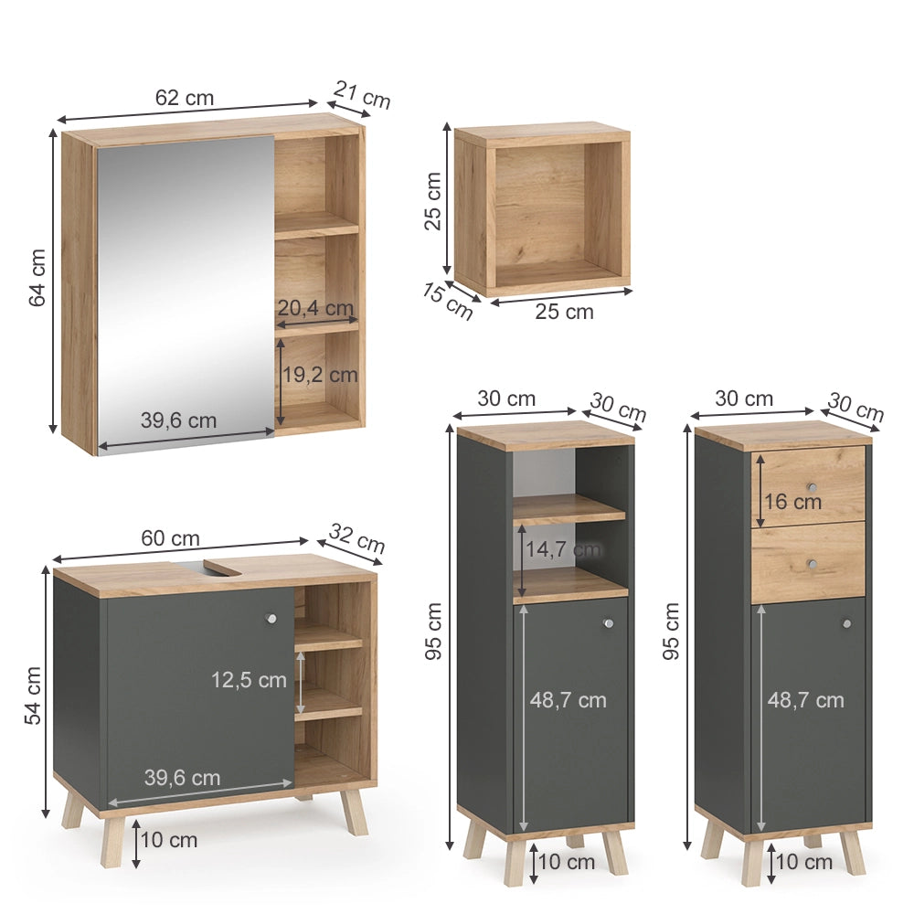 Vicco Set mobili bagno Antracite 5 parti, con ripiani