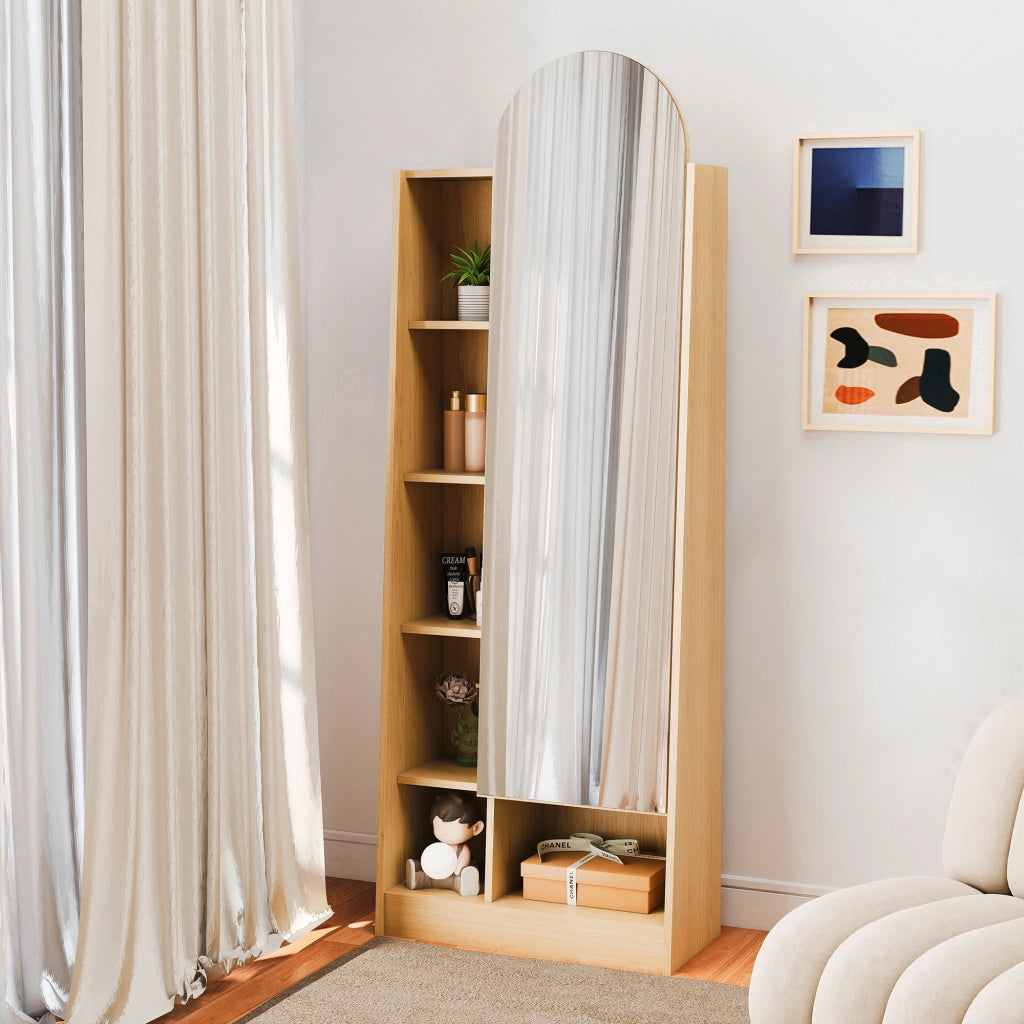Armadio con specchio e ripiani regolabili per ingresso in MDF 165x60x28 cm naturale