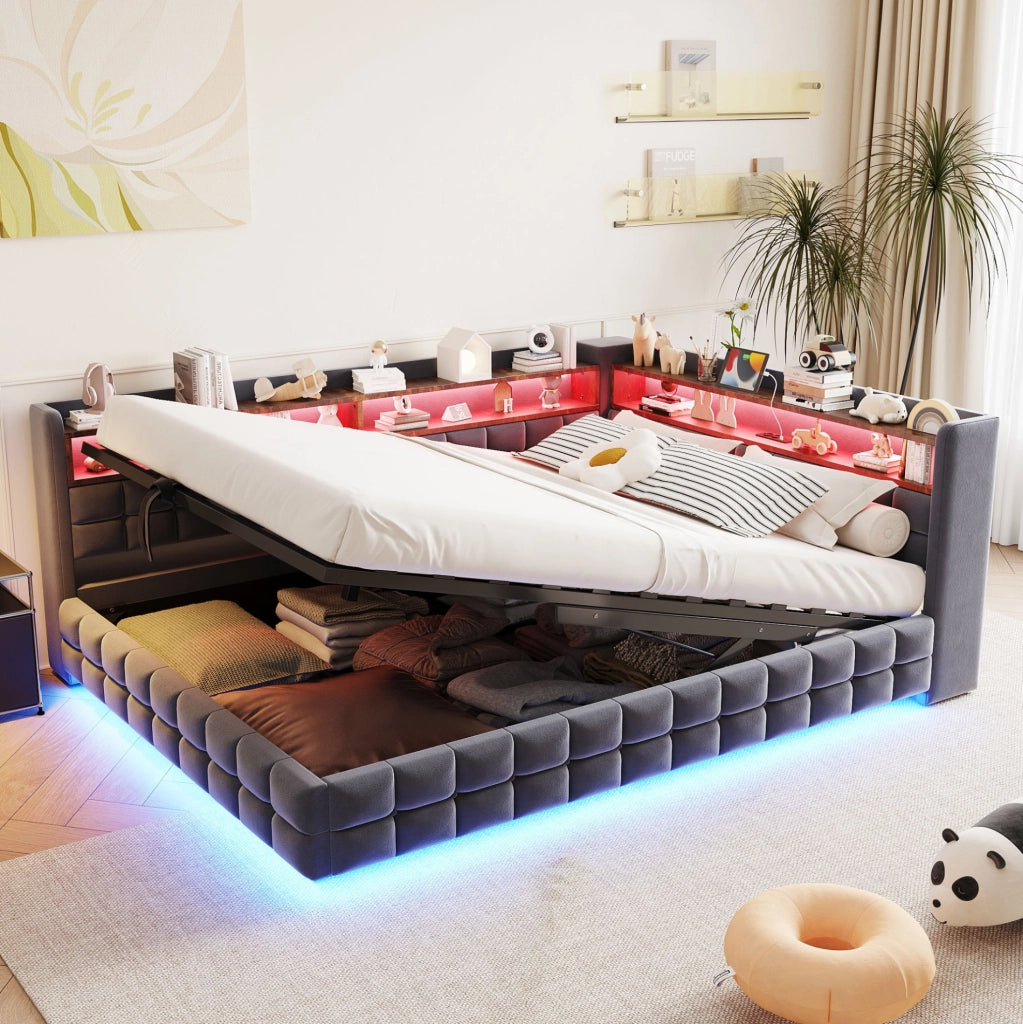 Divano letto imbottito 140x200 cm con vano contenitore idraulico; LED; prese USB e Type-C; grigio