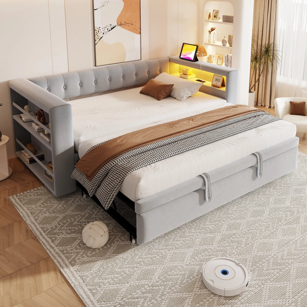Letto multifunzionale con contenitore, illuminazione LED e prese integrate, 180 x 190 cm, grigio chiaro