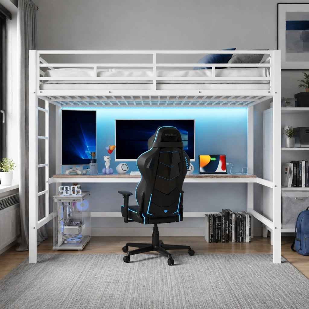 Letto a soppalco 90x200 cm con scrivania LED e prese, bianco