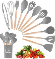 Set di Cucina - 12 Pezzi di Utensili di Cottura in Silicone - Resistente al Calore - Set con Supporto per Utensili - Cucina con Maniglie in Legno - Salute e Antiscivolo