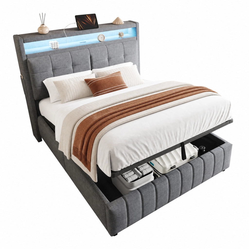 Letto matrimoniale imbottito 140x200 cm in tessuto effetto lino grigio con LED; USB e contenitore