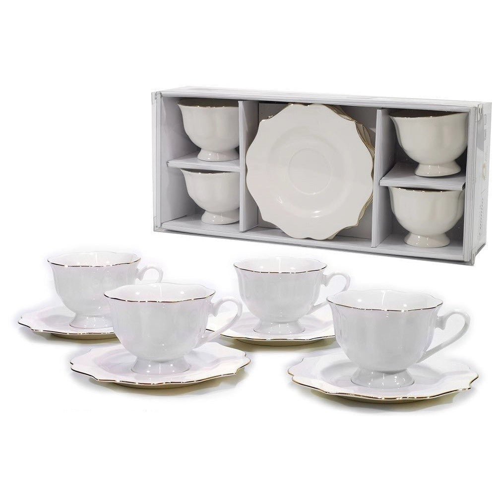Trade Shop - Servizio Te' 4 Piattini + 4 Tazze 16 Cl Modello Lyanna Fine Porcellana Bianca -