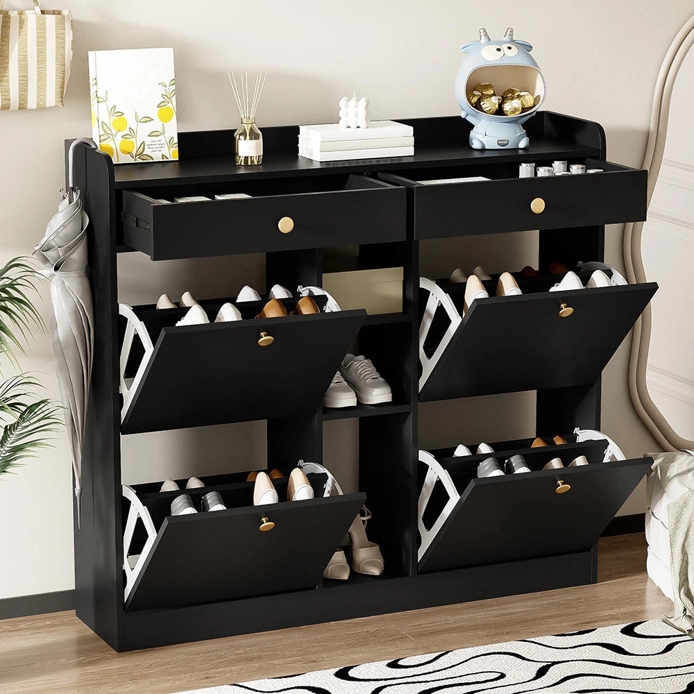 Armadio per scarpe elegante nero - Xylo - 110x26x100 cm - 4 ante, 2 cassetti, 3 scomparti aperti