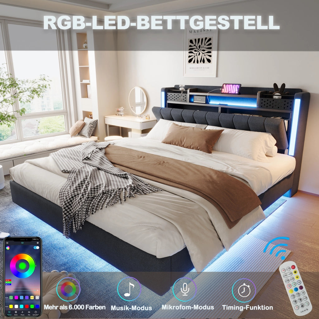Letto Matrimoniale 160x200 cm con USB; LED e contenitore in testiera - Grigio