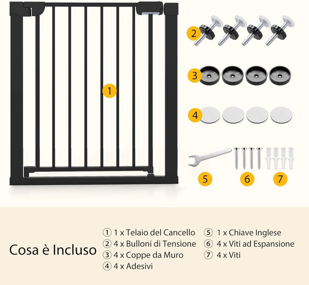 Cancelletto di Sicurezza per Bambini, con Sistema di Chiusura Automatica, Recinto Sicurezza Neonati Animali Domestici, per Porte 75-82 cm (Nero)