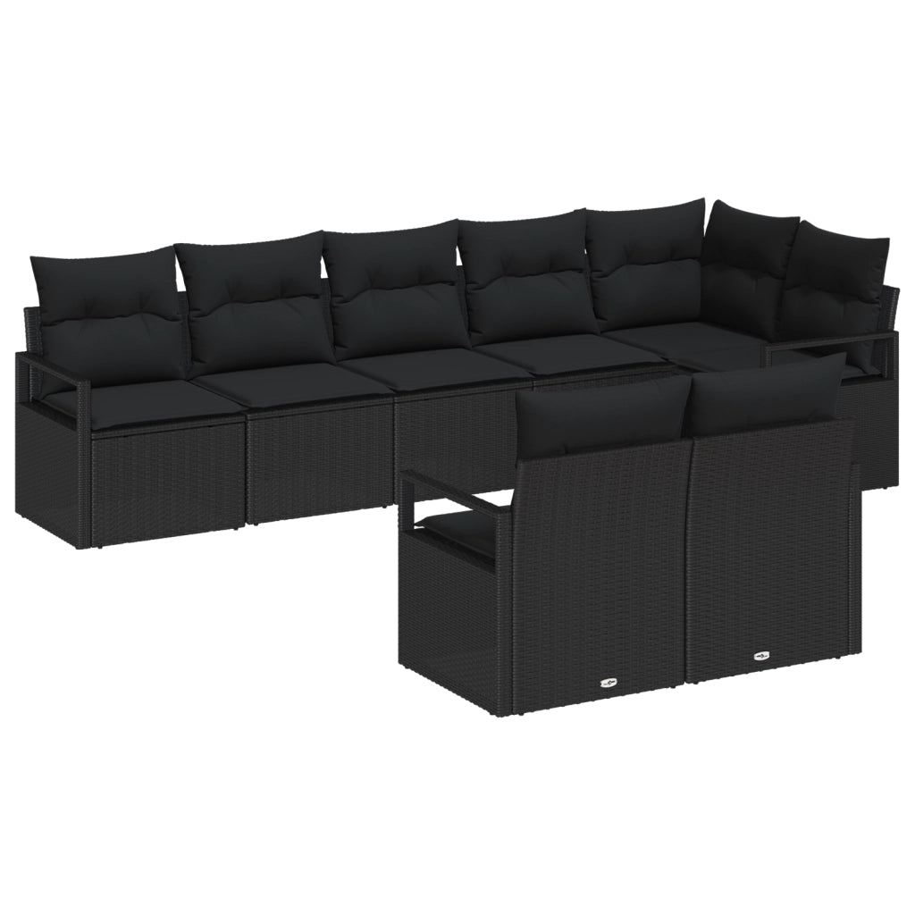 Set Divano da Giardino  8 Pezzi con Cuscini Nero Rattan Poliestere