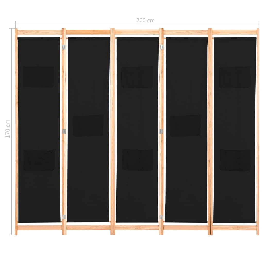 Divisorio divisorio mobile decorativo 5 pannelli nero 200 x 170 x 4 cm tessuto 0802093