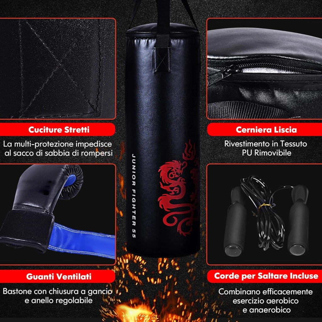 Set Sacco da Boxe per Bambini da 5 Pezzi, Sacco da Pugilato con Guantoni da Boxe, Corda per Saltare, Borsa e Gancio, Sacco da Box per Arti Marziali Miste Kick Boxing Boxe Thai