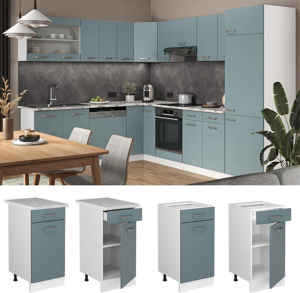 Mobiletto base per cucina R-Line, Grigio-blu, 40 cm, PL Marmo, per la libera combinazione all'interno di sistemi cucina modulari