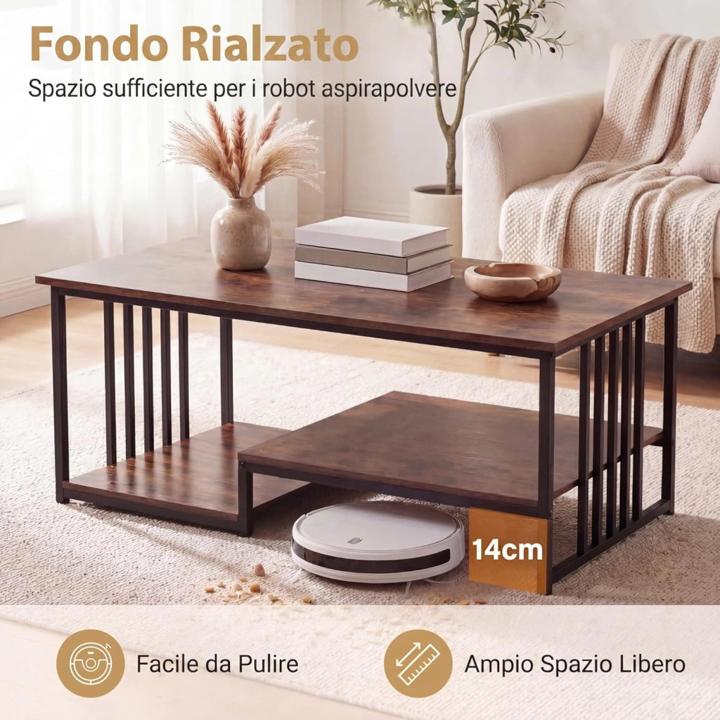 Tavolino Salotto Rettangolare, Tavolino da Salotto a 2 Livelli con Ripiano e Mensola Aperta, Gambe in Metallo Solido, Mobile Complementare per Salotto, Casa, Ufficio, 110 X 60 X 45 CM (Marrone)