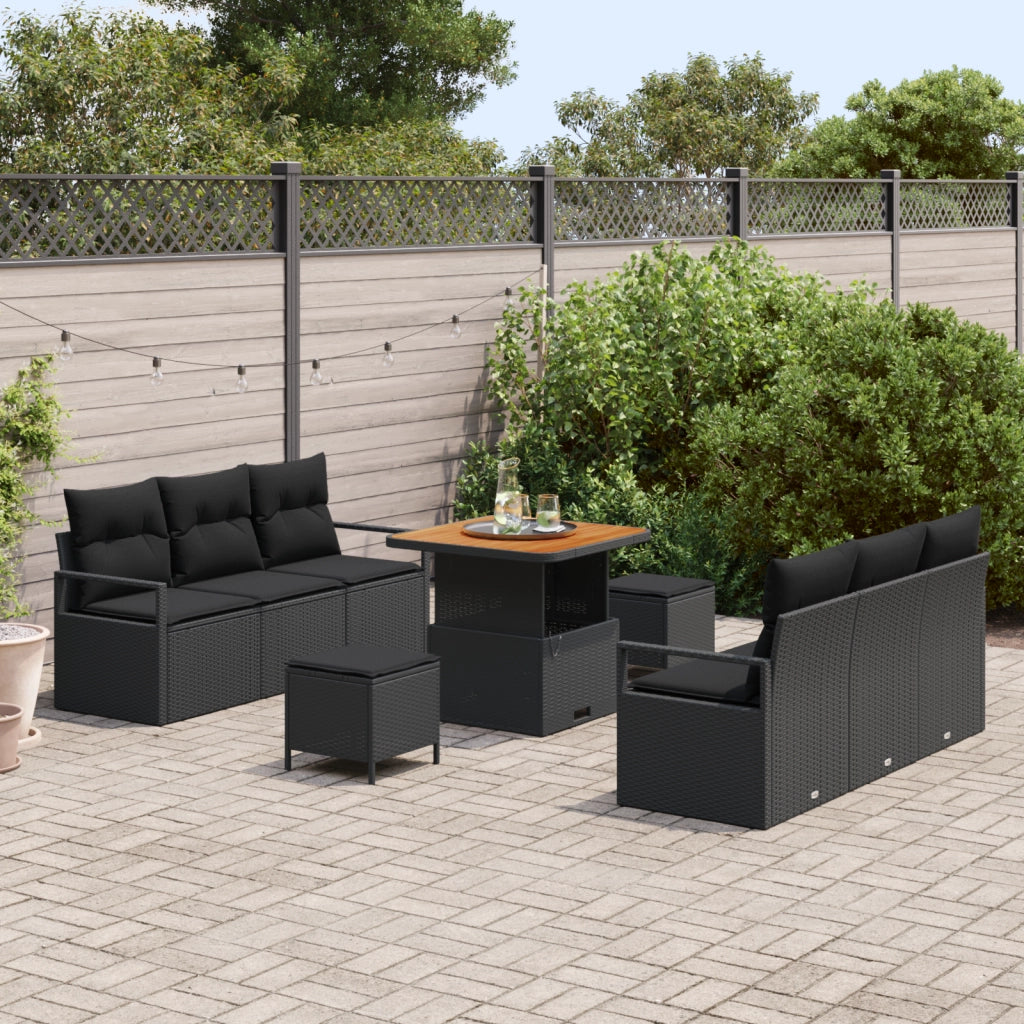 Set Divano da Giardino di 9 Pezzi con Cuscini Nero Polyrattan Acacia
