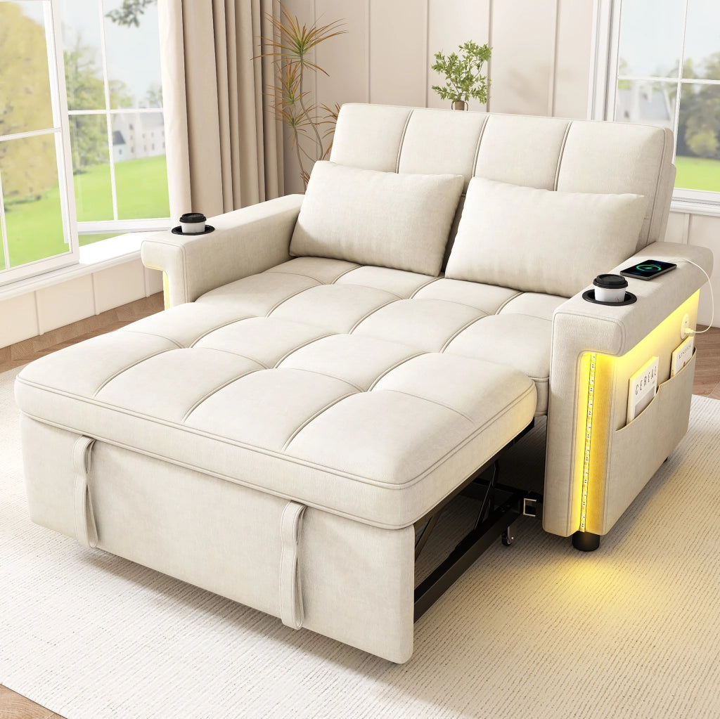 Divano letto 2 posti trasformabile con LED; USB/Type-C; schienale regolabile; chenille beige
