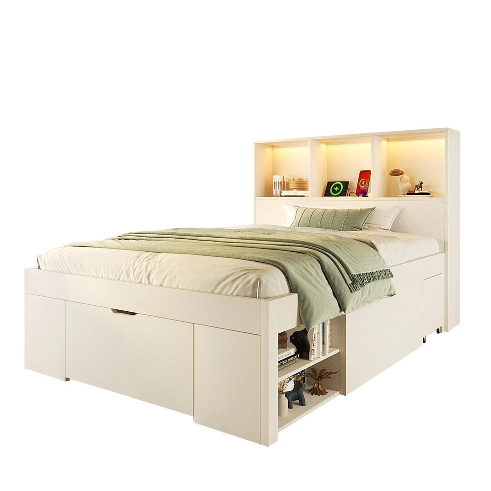 Letto Singolo con Cassetti, Ripiani e LED ¨C Xylo ¨C Bianco, Legno, 90x200