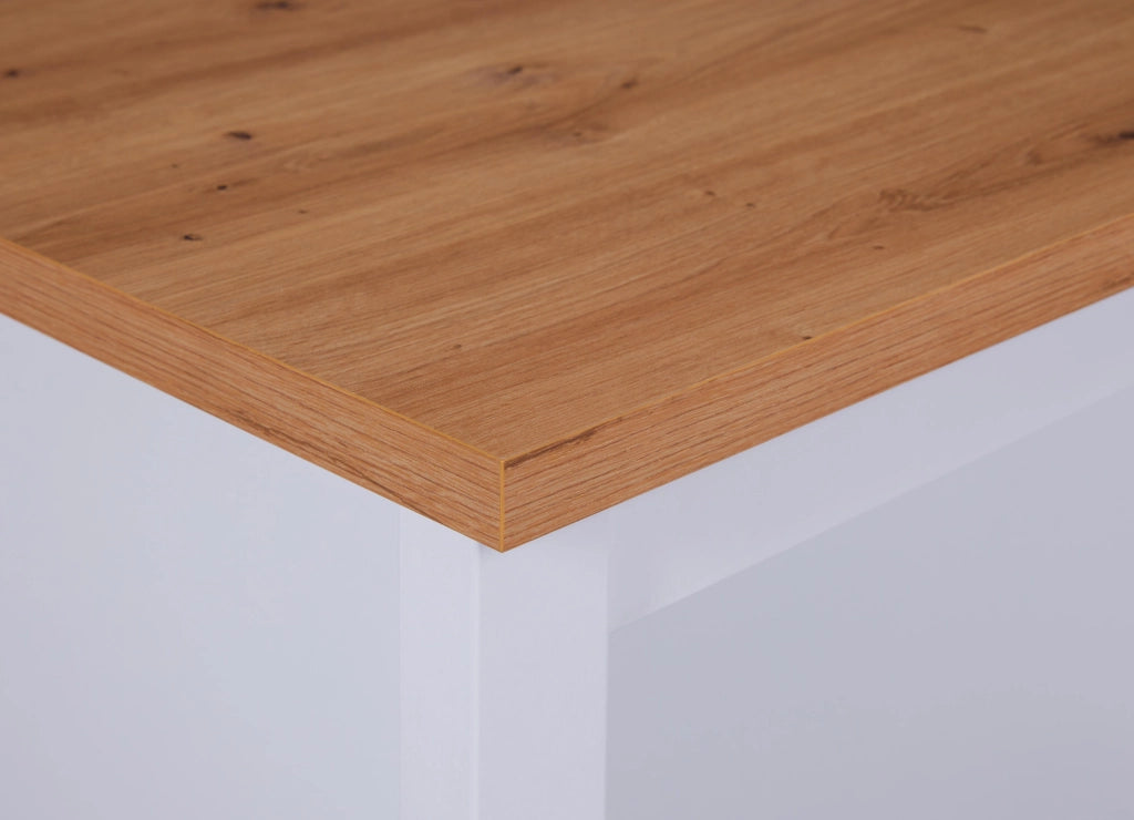 ISOLA JULINA PER CUCINA 2 RIPIANI E VANO SGABELLI 124x75x91,5CM LAMINATO BIANCO E QUERCIA ARTISAN