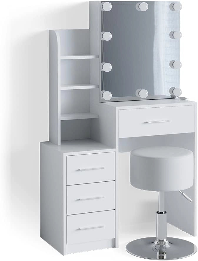 Tavolo da toeletta Conrada, Bianco, 80 cm con illuminazione LED e sgabello, adatto per l'organizzazione di articoli cosmetici e accessori