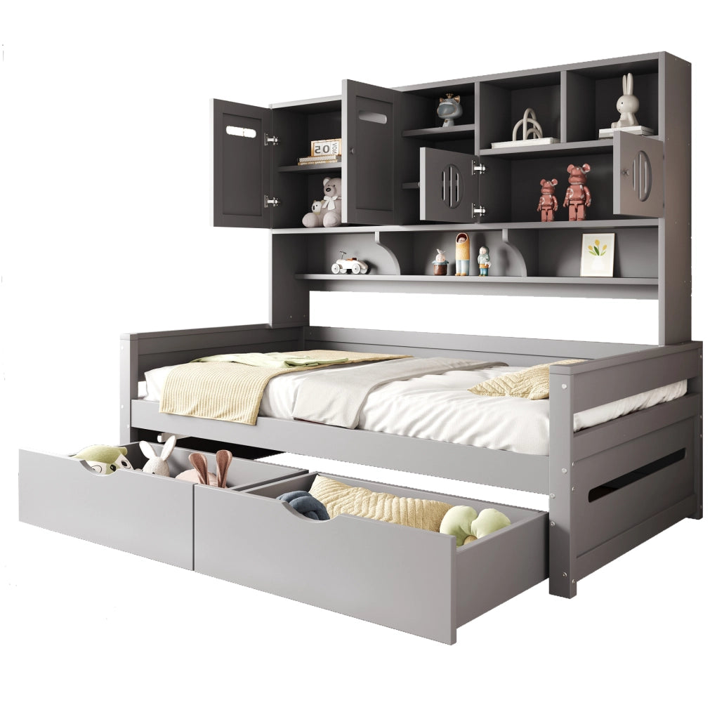 Letto multifunzione 90x200 cm con 2 cassetti e vano contenitore; grigio