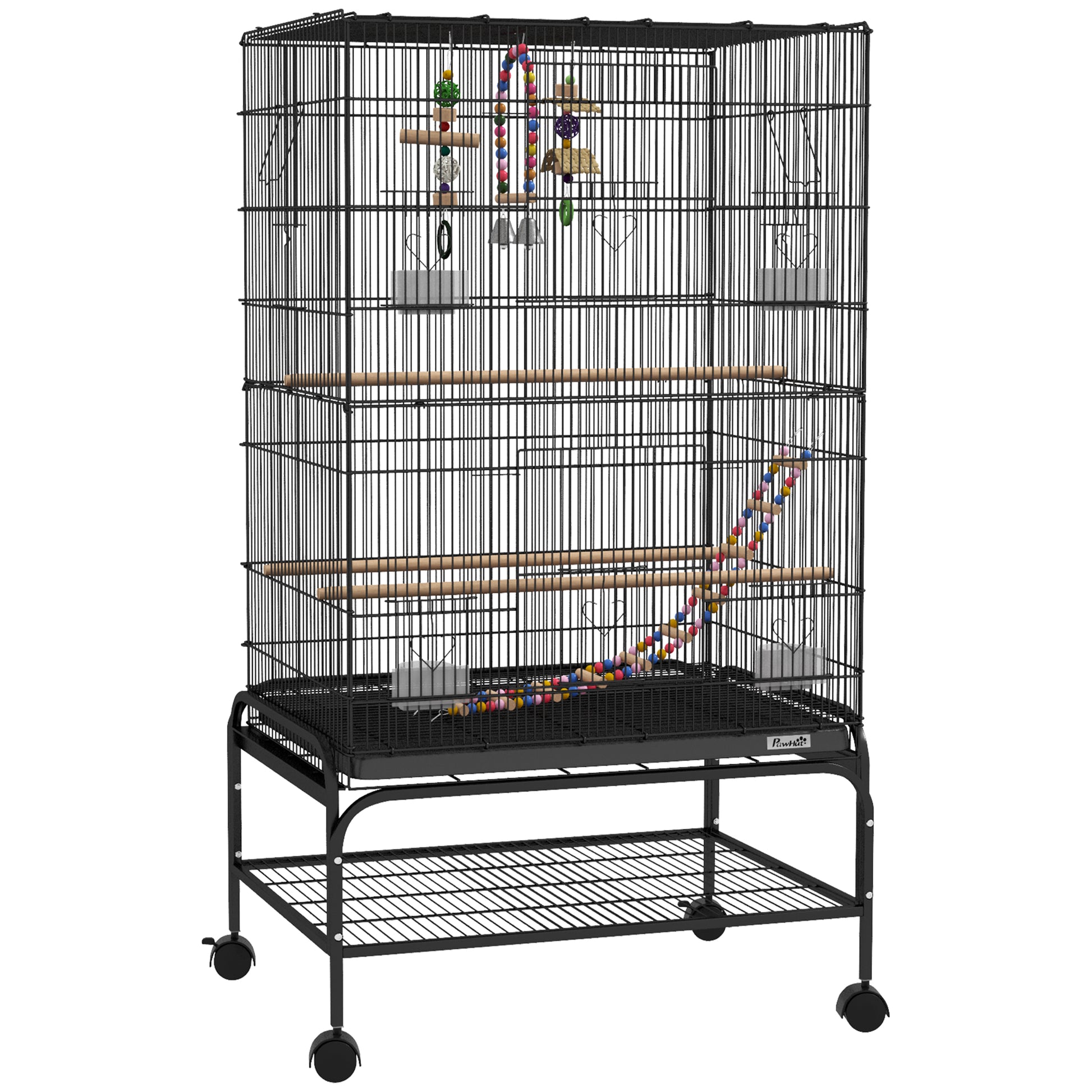 Gabbia per Uccelli 64x45x110 cm con Area Gioco Vassoio Estraibile e Mensola Nero