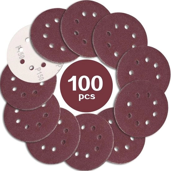 100 set di dischi abrasivi 125 mm 150 grani carta abrasiva dischi abrasivi 8 fori Ideali per raschiare/smerigliare per trapani eccentrici - Rosso rostro.