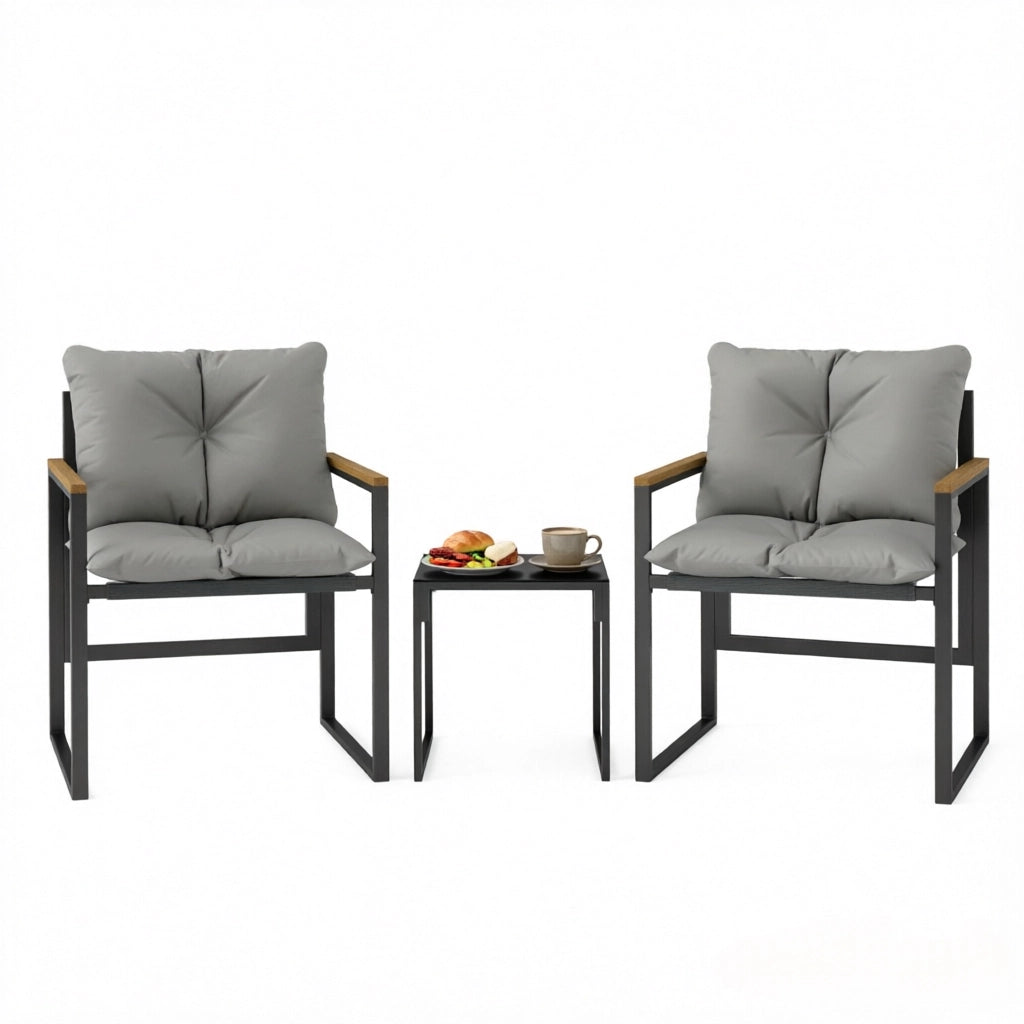 Set lounge da giardino 3 pezzi con tavolino in vetro temperato, 2 sedie, nero e grigio