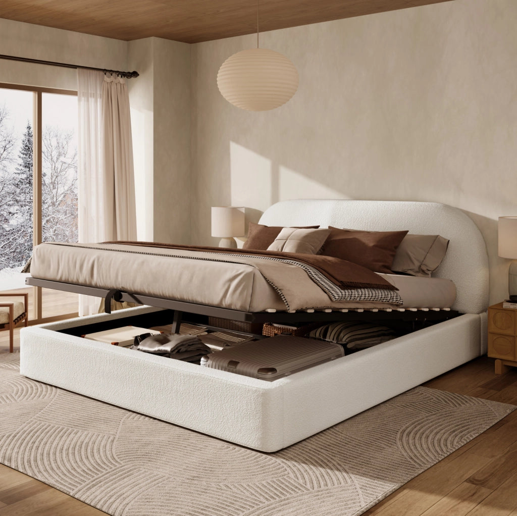 Letto matrimoniale 160 x 200 cm in bouclé beige con contenitore idraulico e rete a doghe