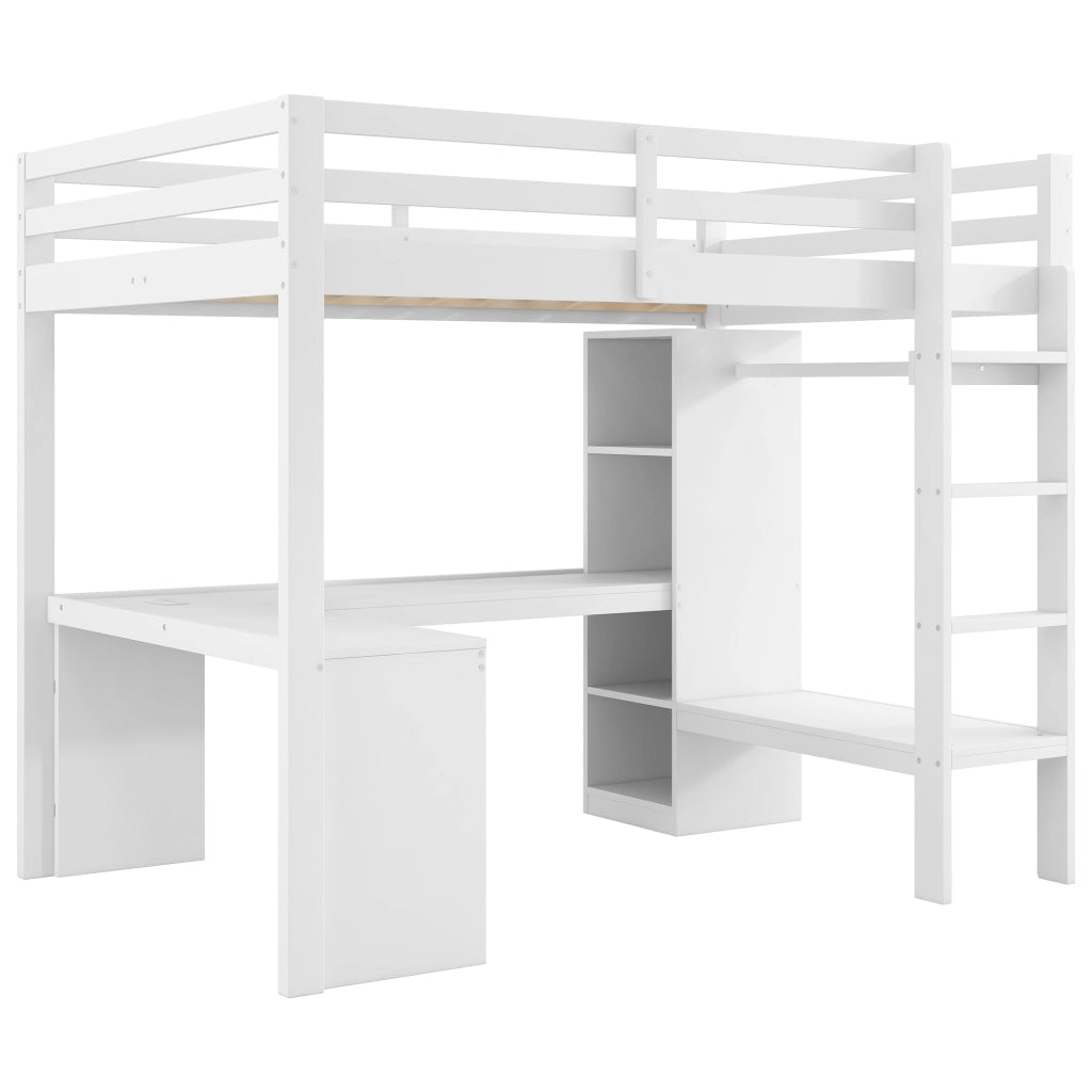 Letto a soppalco 140 × 200 cm con scrivania integrata, ripiani LED e USB, senza materasso, bianco