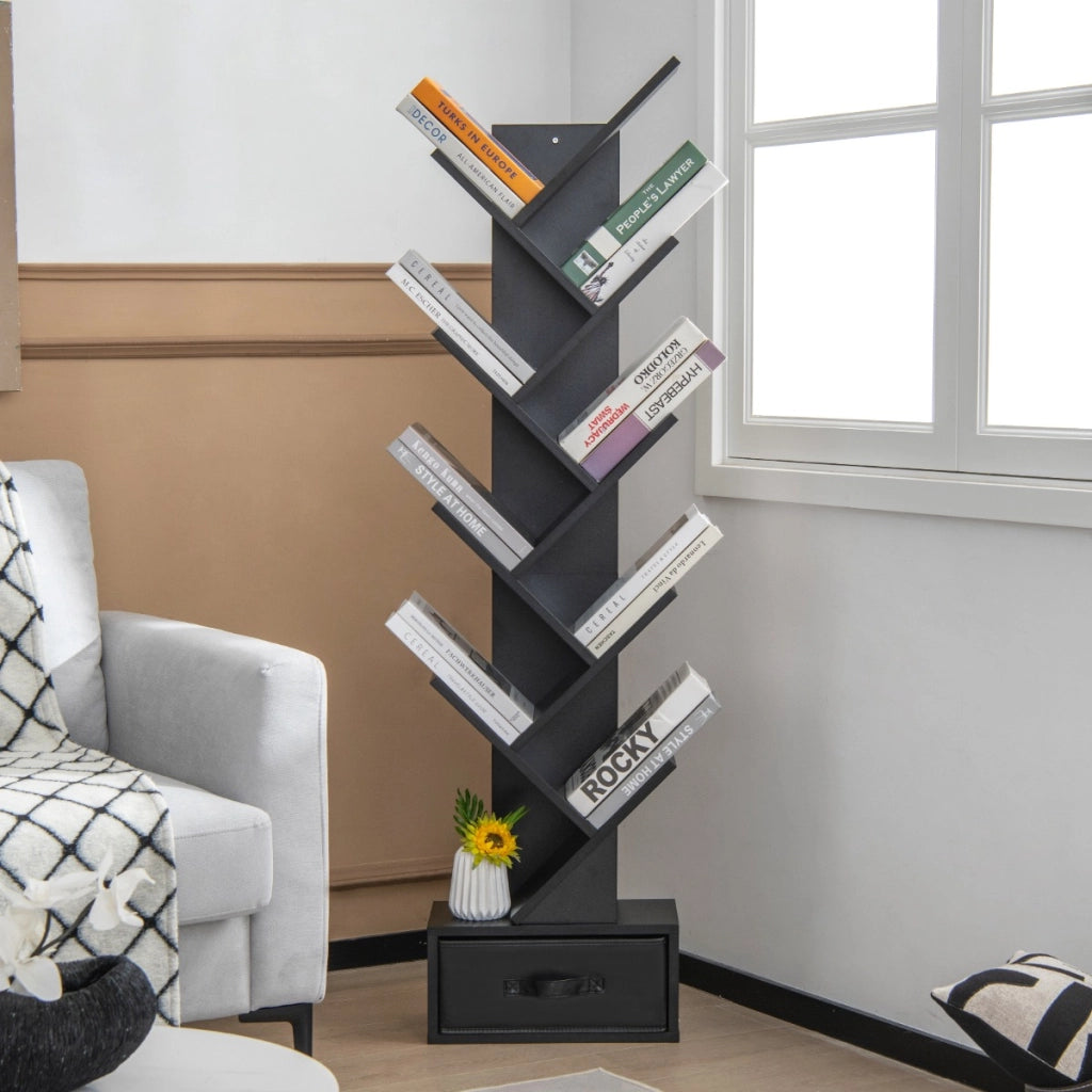 Scaffale ad albero a 10 ripiani con cassetto-Scaffale da terra per camera da letto soggiorno e ufficio Nero