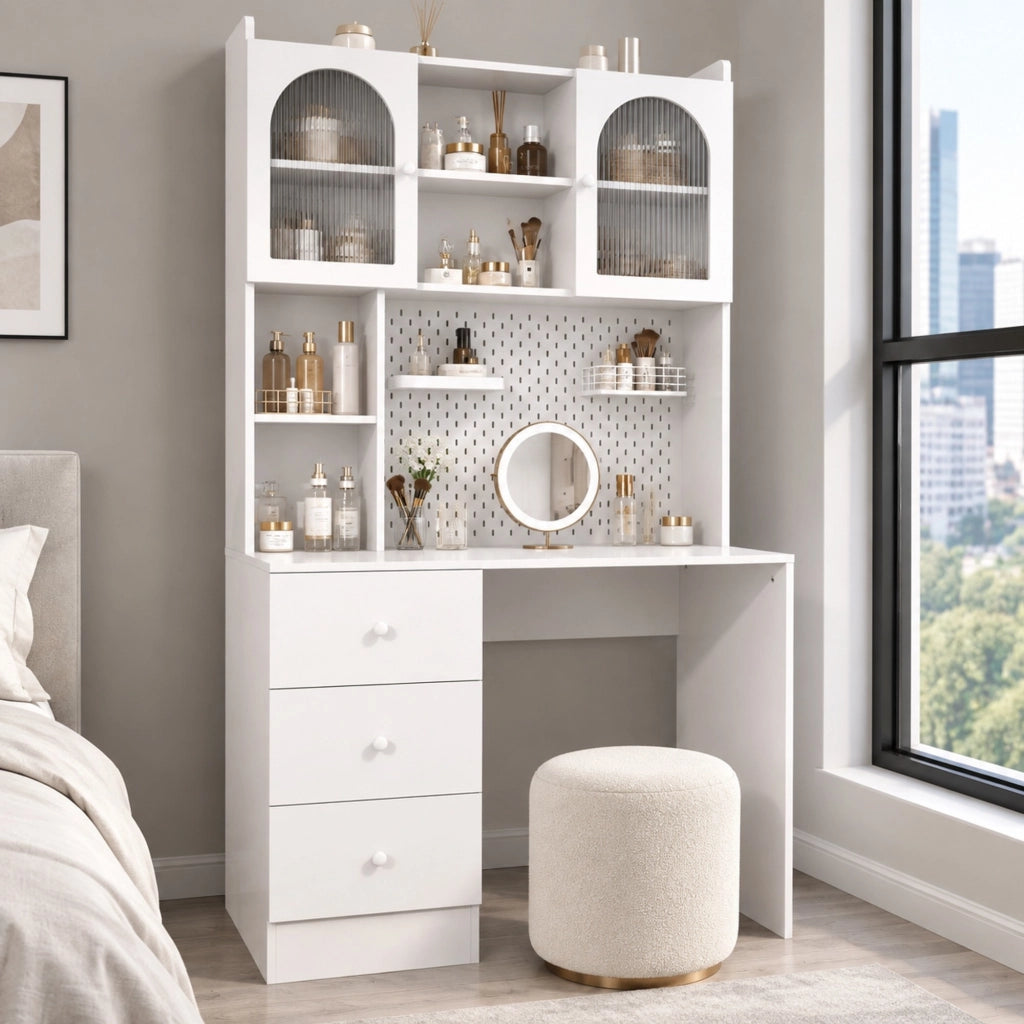Scrivania con 3 cassetti e pannello forato， MDF bianco 100x55x180 cm