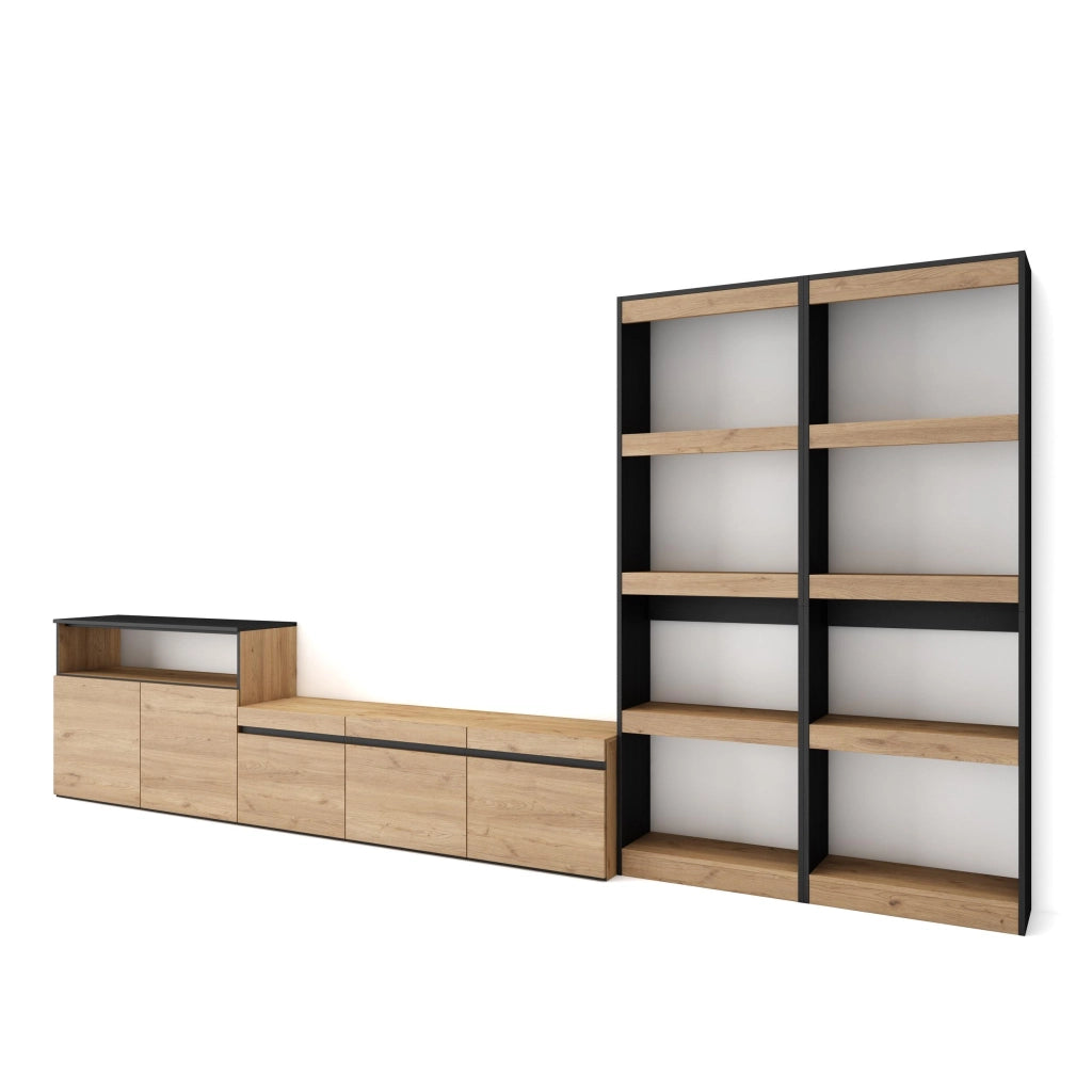 Mobile TV, Soggiorno, 370x35x186cm, Per TV fino a 65", Set di mobili, colore Rovere e nero RF3182