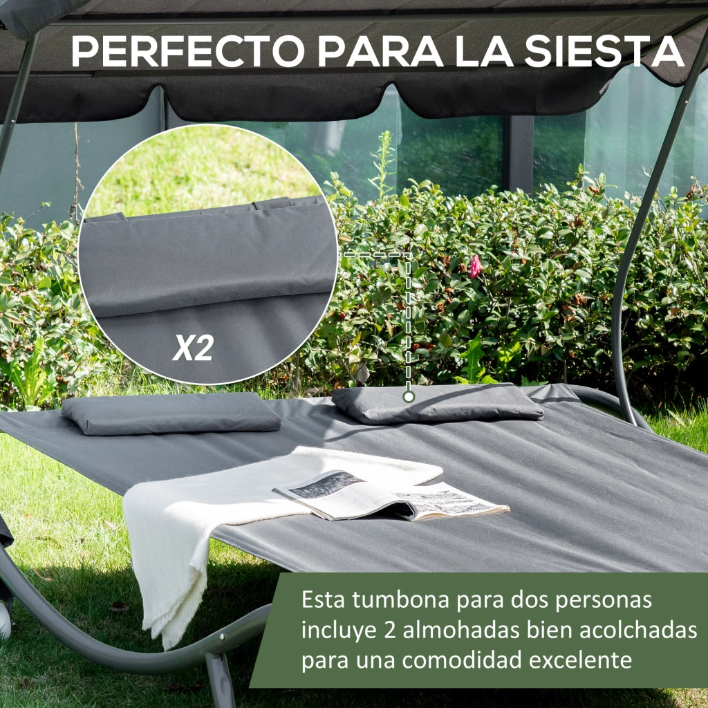 Lettino da giardino doppio con cuscini e rotelle ¨C zephmum ¨C 200x175x134 cm grigio