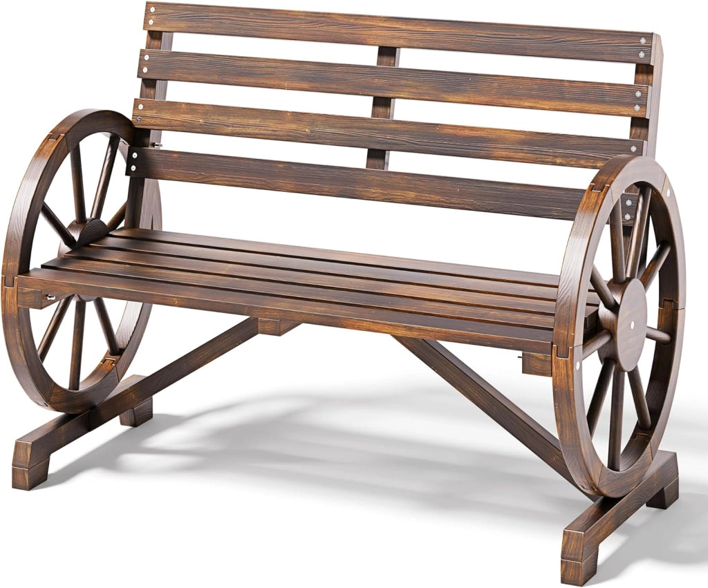 Panca da esterno a 2 posti, resistente alle intemperie, con braccioli a forma di ruota, in legno con schienale, in stile country, per patio, giardino, parco, 105.5 x 56 x 79 cm.