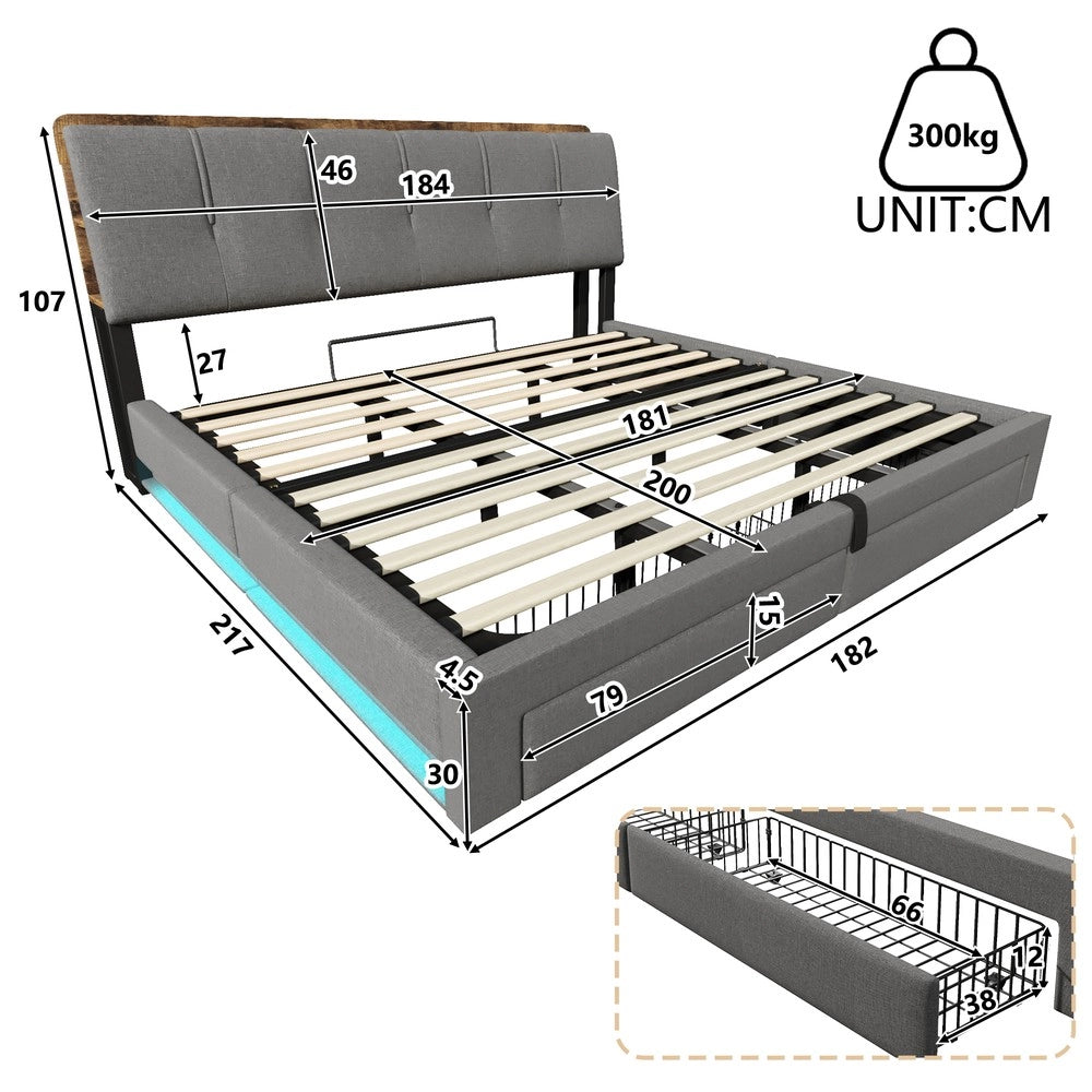 Letto Imbottito Contenitore con LED ¨C Xylo ¨C Grigio, Tessuto, 180x200, Idraulico, USB