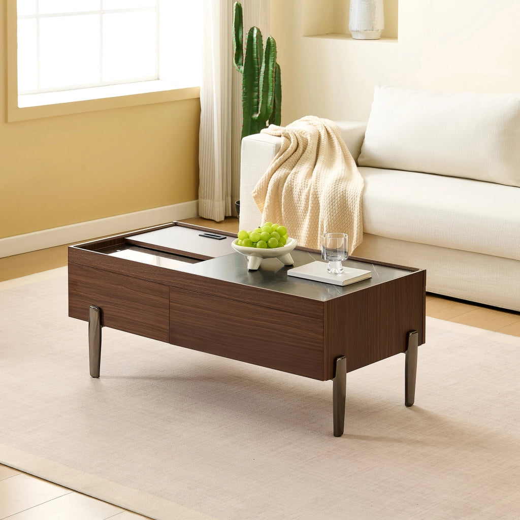 Tavolino da Caffè con 2 Cassetti; Piano Scorrevole e Piano in Vetro; Stile Industriale; in MDF; 105×50×41;5 cm; Marrone