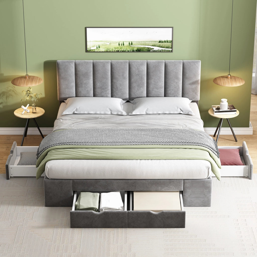 Letto con Cassetti 160×200 cm; Letto Matrimoniale con 4 Cassetti e Testiera Regolabile; senza Materasso; Grigio