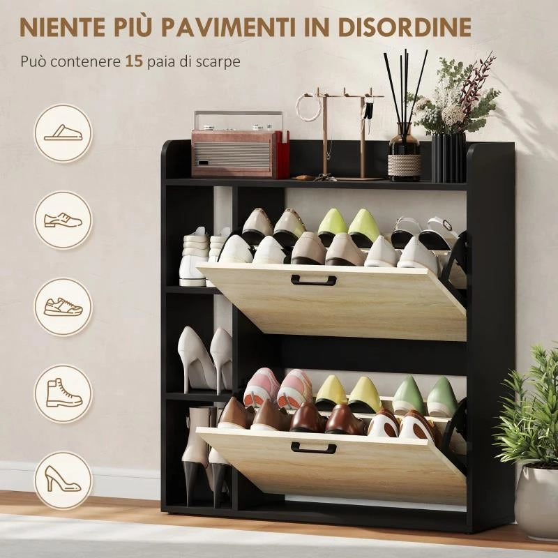 SCARPIERA SLIM CON 2 CASSETTI RIBALTABILI E 3 VANI APERTI, CAPACITÀ 15 SCARPE, 83X24X90.5 CM, NERO